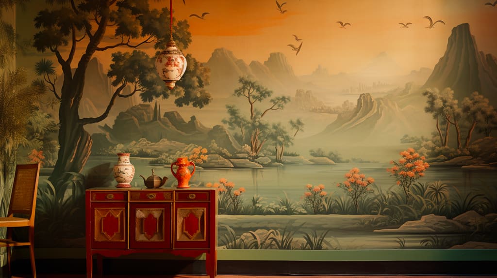 Photo of 1940s wallpaper mural with asian decor