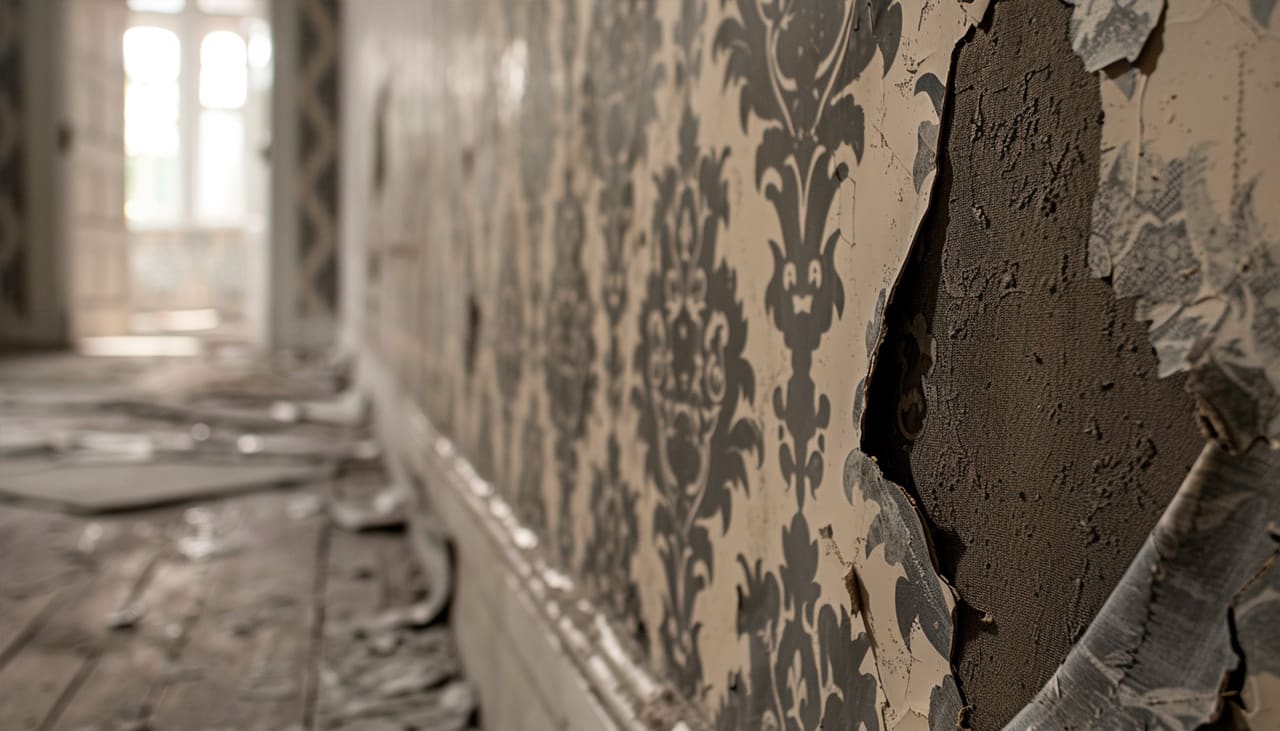 Photo of a damaged wallpaper in a hallway