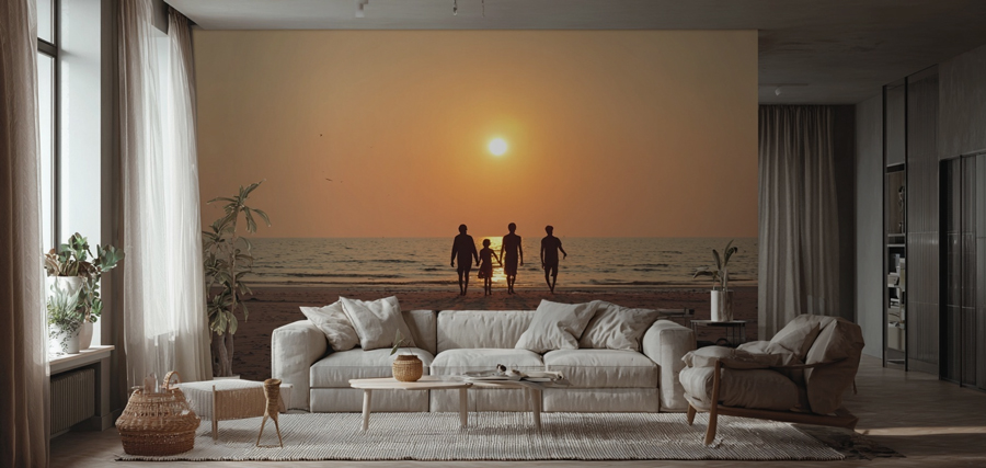 interior shot of a living room with a large photograph of family members on a sunset beach printed on the wall behind the sofa