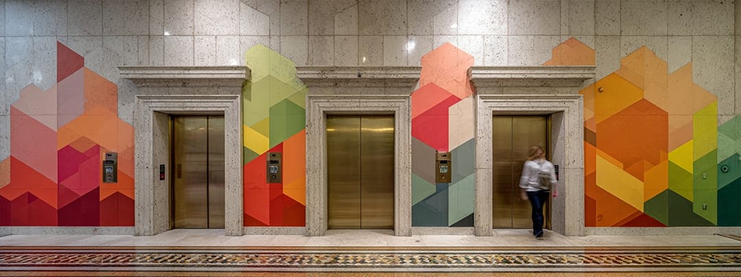 Repeating geometric patterns interrupted by photographic murals at elevator banks