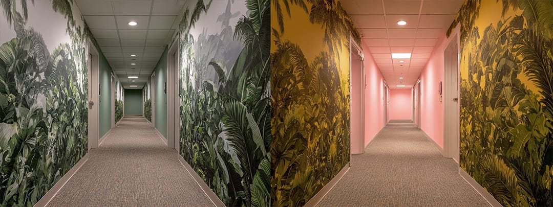 Same pattern family in different colorways: warm tones on residential floors, cooler tones near amenities