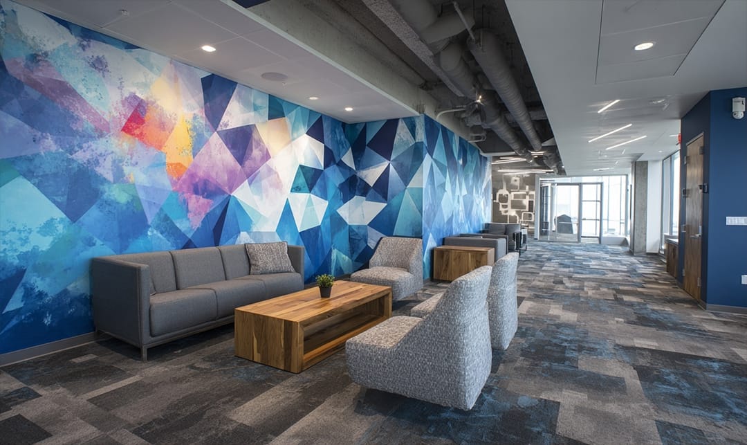 Corporate branded wall mural in office lobby