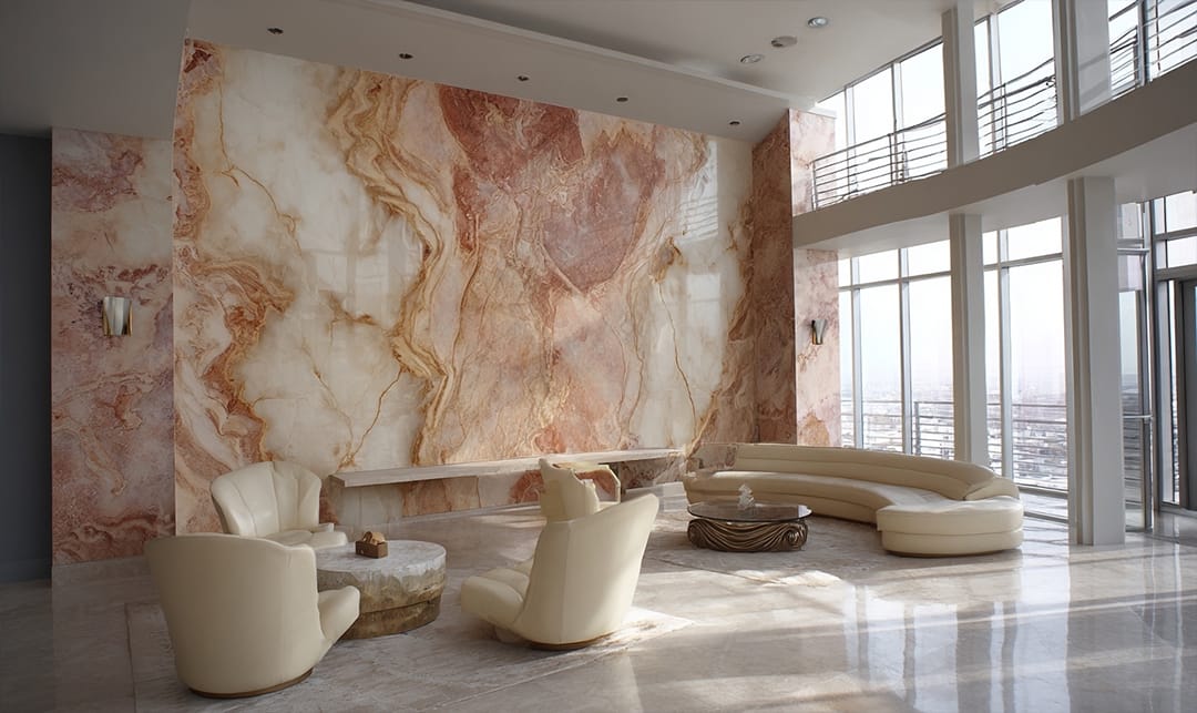Faux marble wall of a hotel lobby