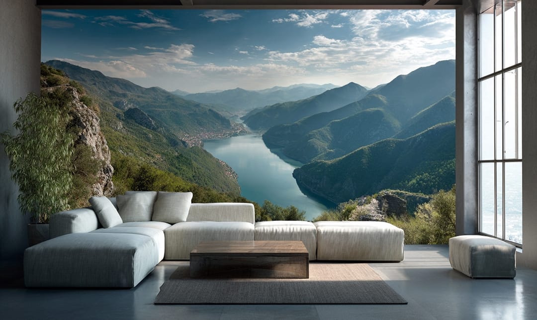 Photowall mural of breathtaking river valley view printed on a modern living room wall