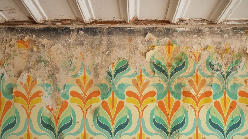 Water-damaged and stained vintage wallpaper before restoration