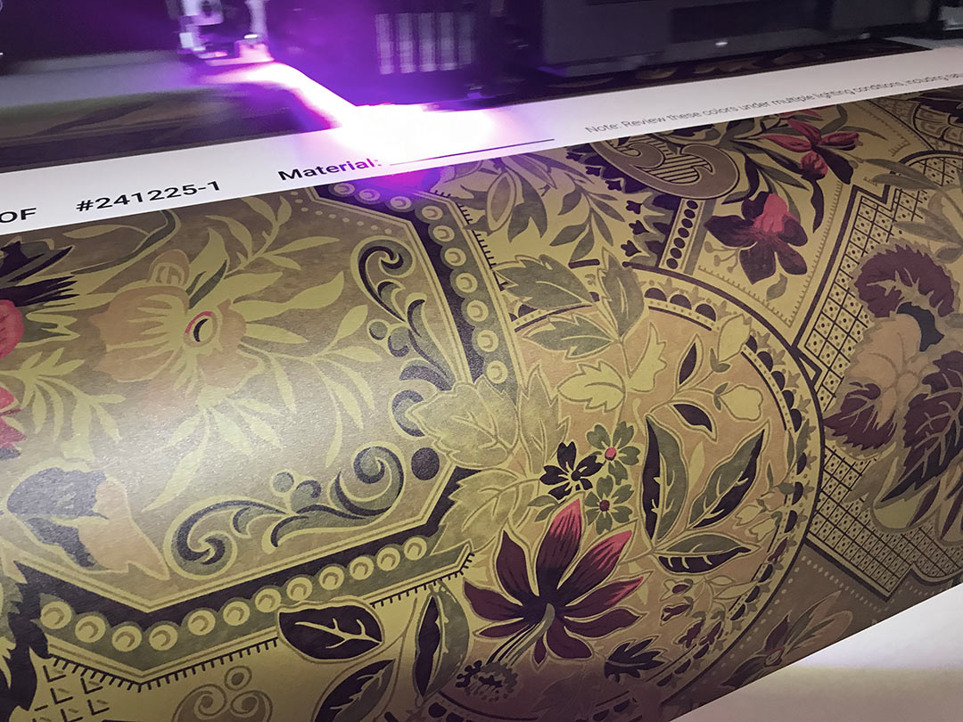 A strike-off press proof of the recreated Glenmore wallpaper on its final substrate