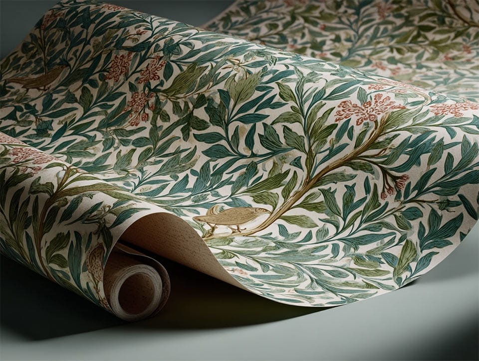 A hand block-printed Arts and Crafts wallpaper repeat