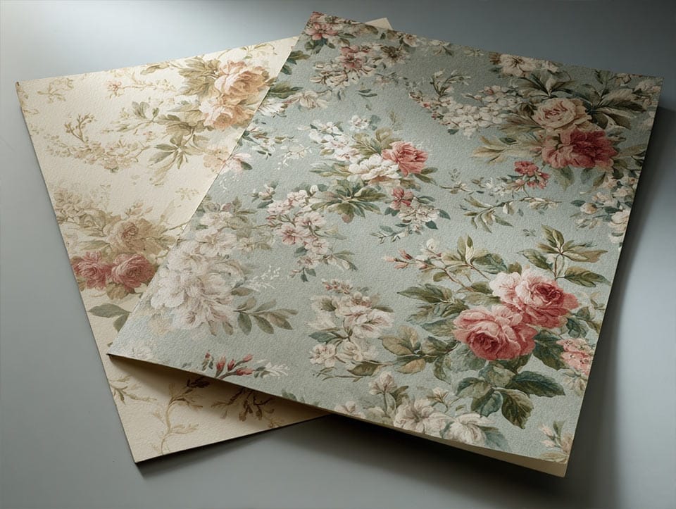 A pale Edwardian wallpaper ground showing age discoloration