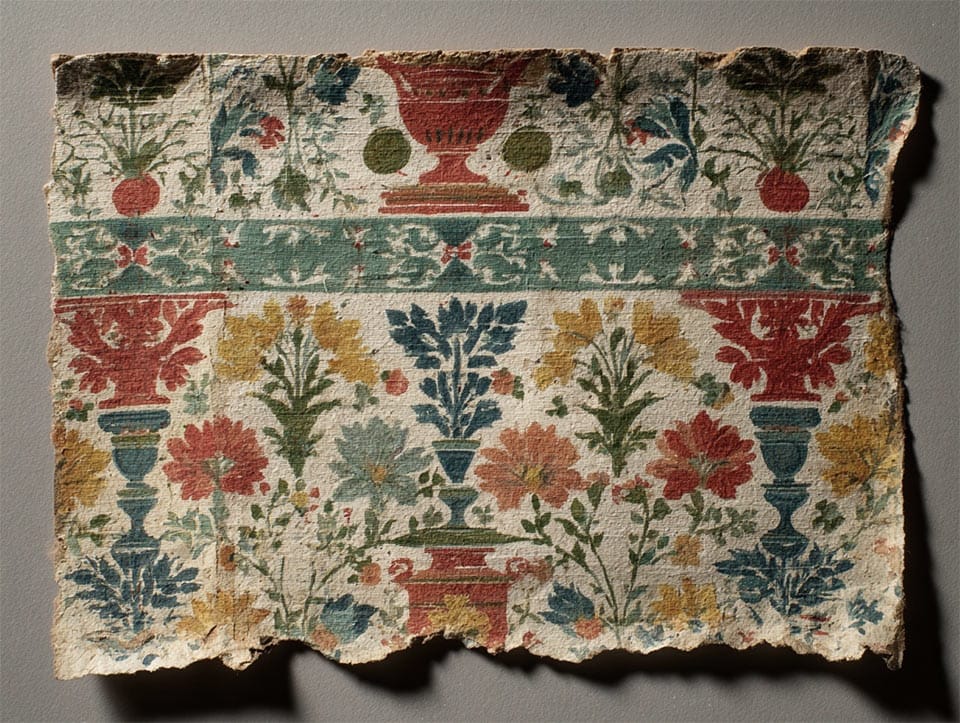 A surviving fragment of Colonial-era block-printed wallpaper