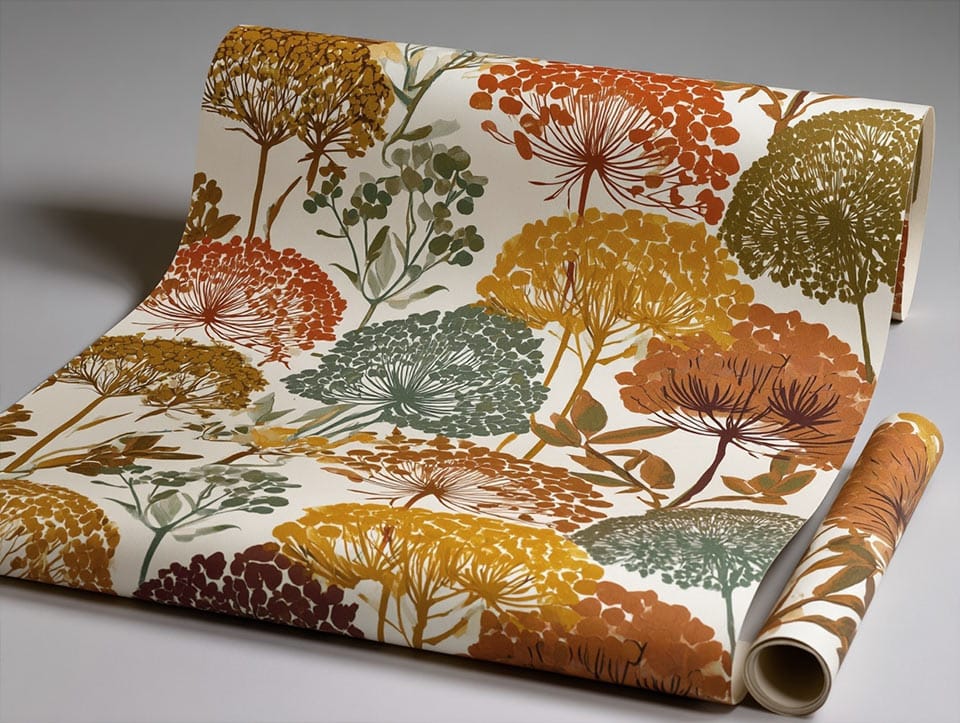A mid-century screen-printed wallpaper in flat spot colors
