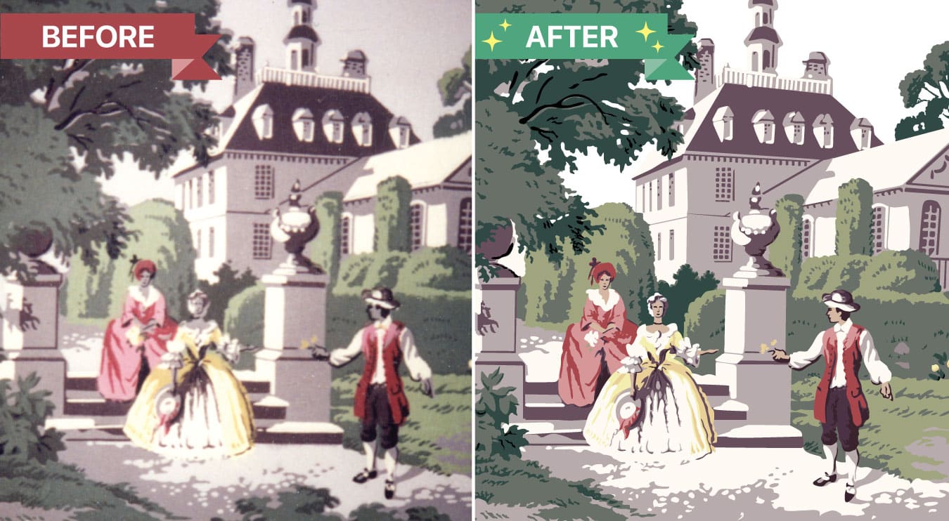 Restoring a wallpaper mural from a blurry photo, before and after image.