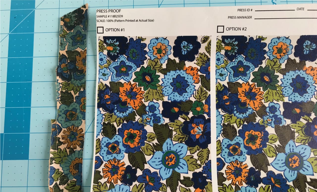 First printed sample shown next to a slice of the original wallpaper.