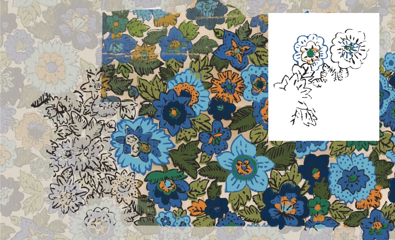 Screenshot of artist linework and rendering of the wallpaper pattern