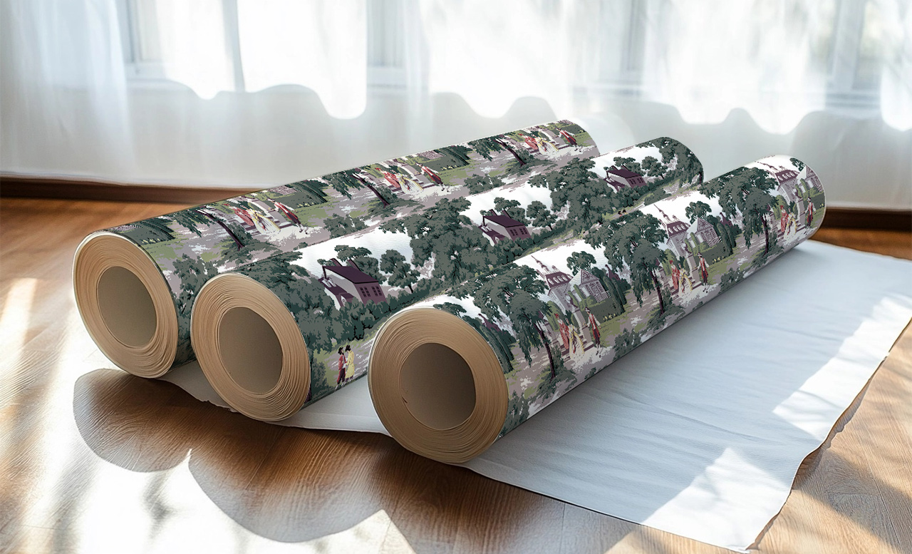 printed rolls laid out on a wooden parquet floor